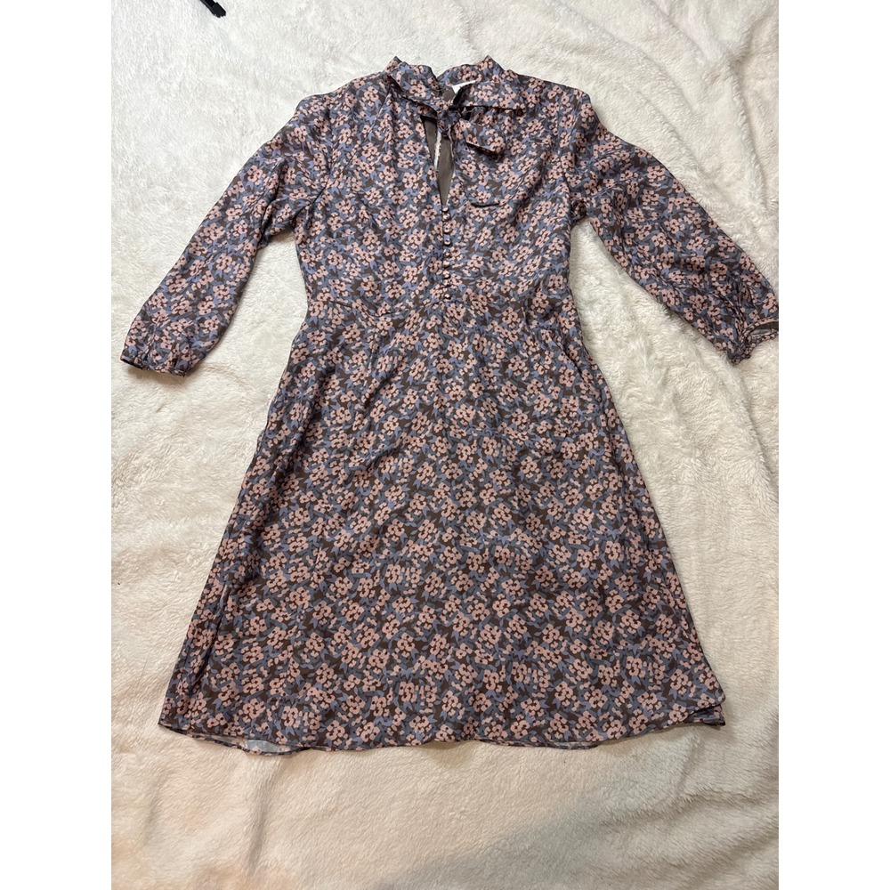 Barneys New York Dress Womens M Blue Floral Good Tie Neck Long Sleeve - Picture 2 of 5